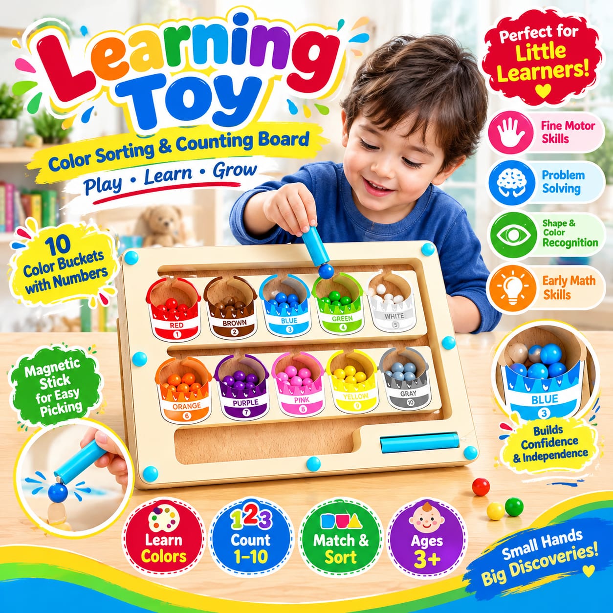 wooden magnetic color sorting and counting board